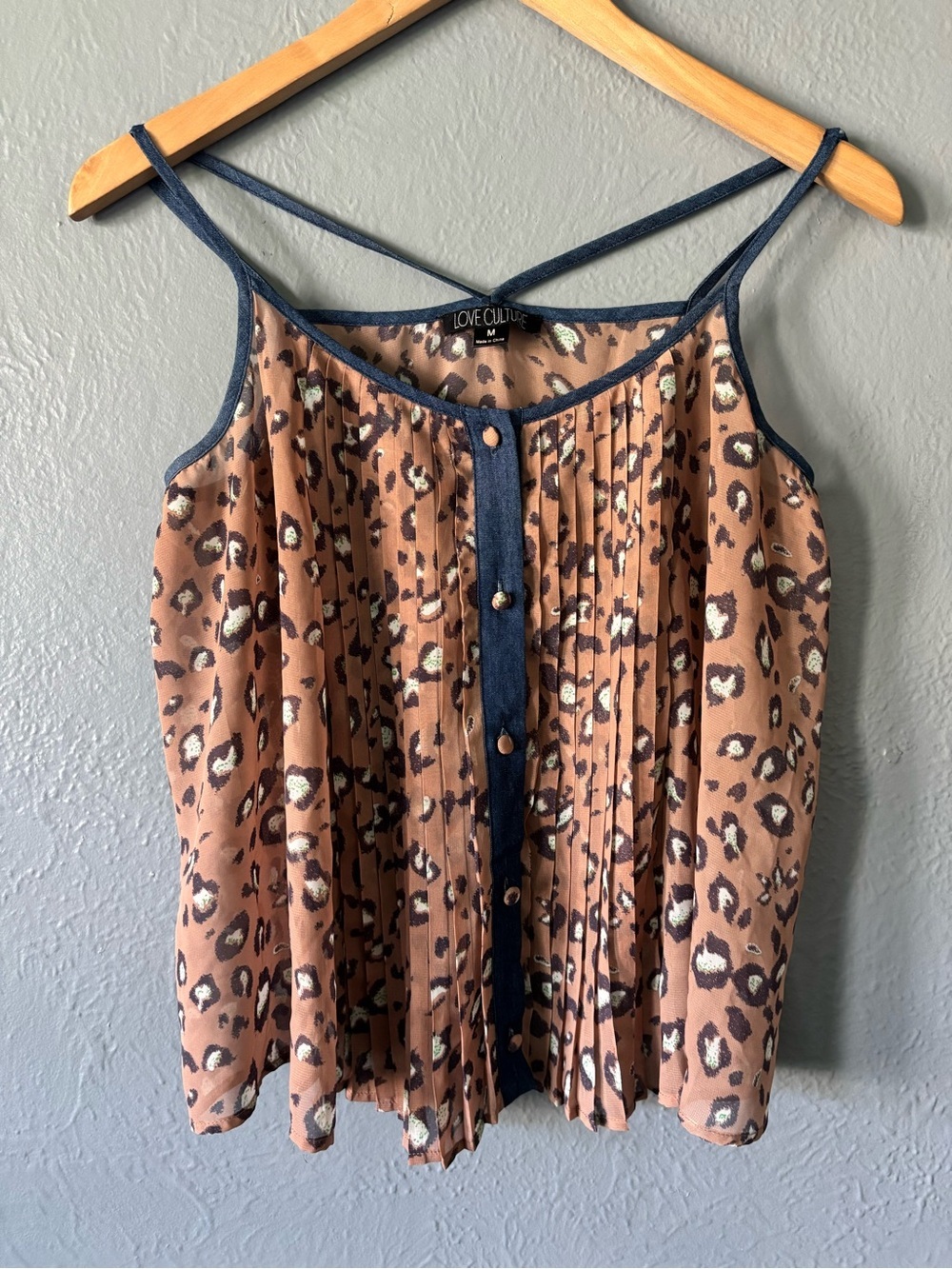 Love Culture Leopard Print Pleated Cami Tank Denim Trim Size M